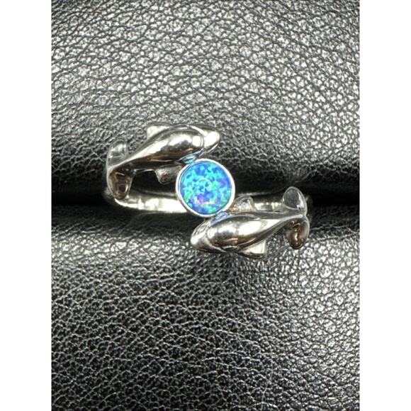 New Condition Sterling Silver Blue Opal Double Dolphin Ring 925 Size 7 - Picture 1 of 6